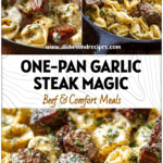 Creamy one-pan garlic steak and cheese tortellini skillet topped with herbs.